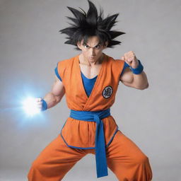 Goku from Dragon Ball Z in his iconic orange and blue uniform, performing a Kamehameha.