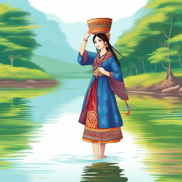 A beautiful girl walking on the shore of a river, carrying a water bucket over her head