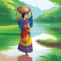 A beautiful girl walking on the shore of a river, carrying a water bucket over her head