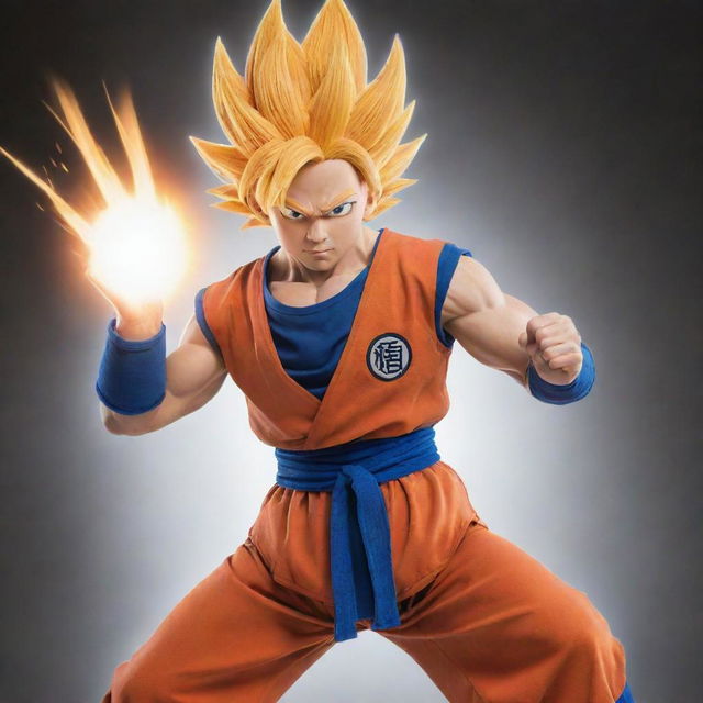 Goku from Dragon Ball Z in his iconic orange and blue uniform, performing a Kamehameha.