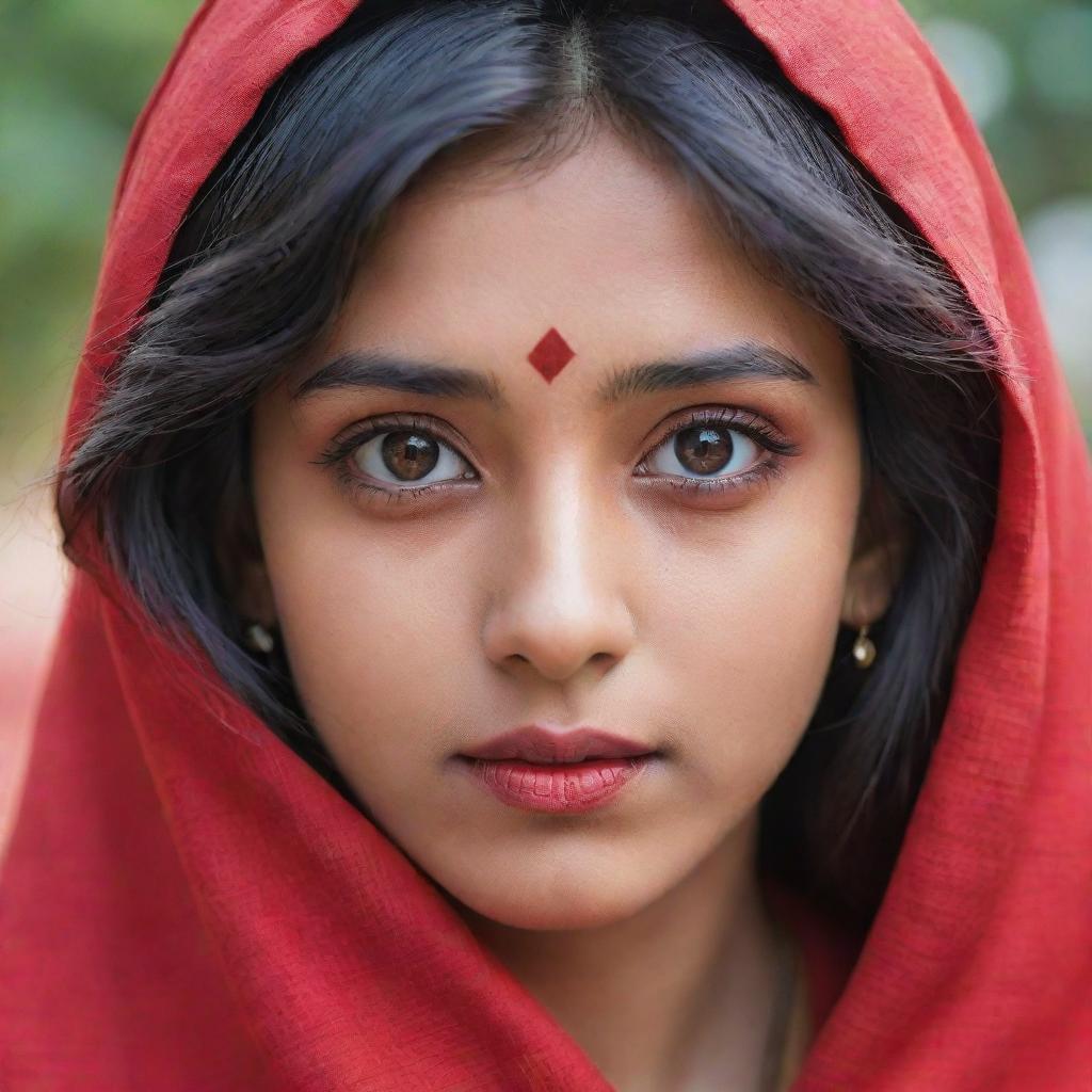 Generate an anime-styled image of a beautiful Indian girl, her eyes elegantly concealed with a swath of vibrant red cloth.