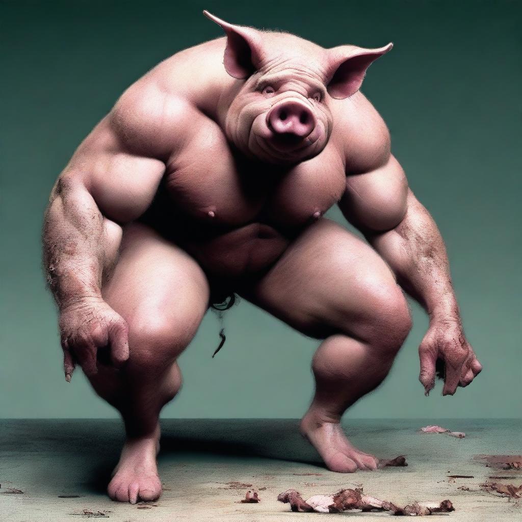 A handsome man is corrupted, painfully morphing himself into a pig