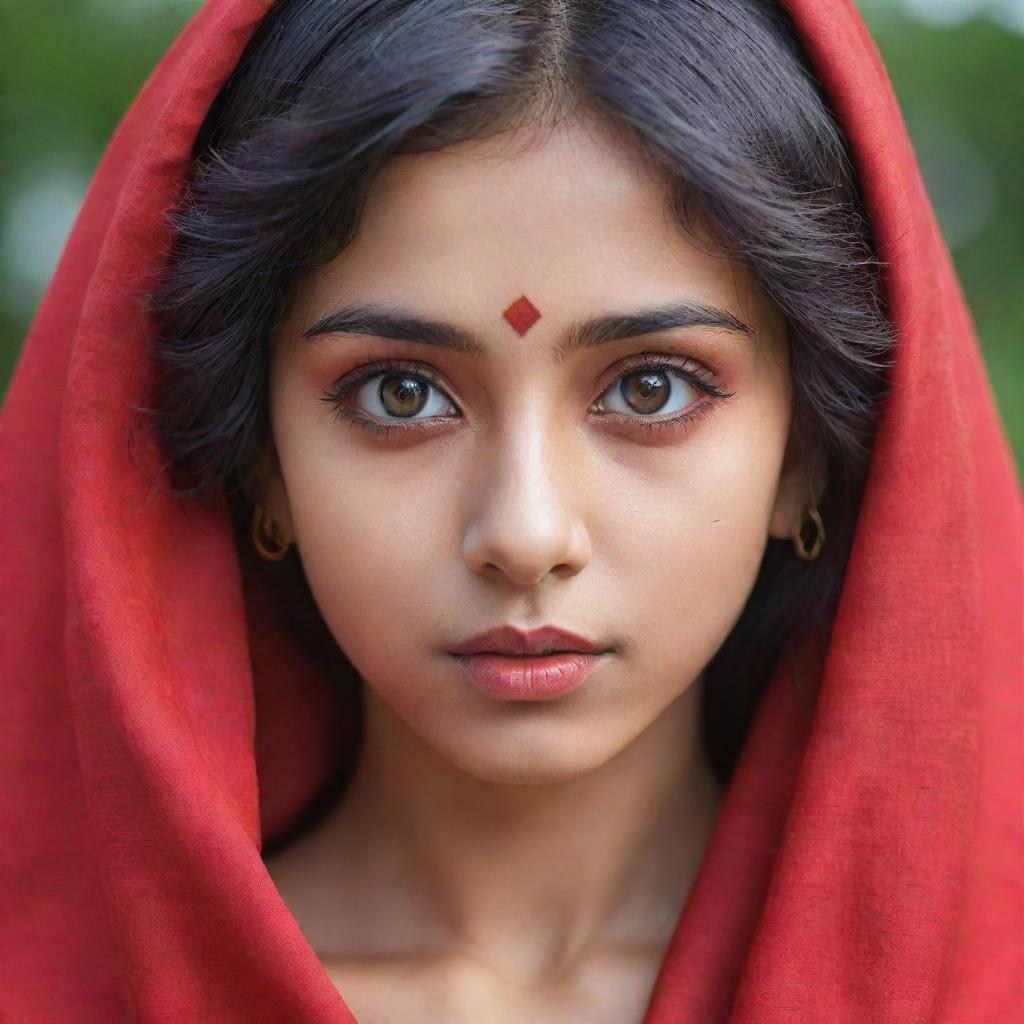 Generate an anime-styled image of a beautiful Indian girl, her eyes elegantly concealed with a swath of vibrant red cloth.