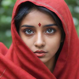 Generate an anime-styled image of a beautiful Indian girl, her eyes elegantly concealed with a swath of vibrant red cloth.