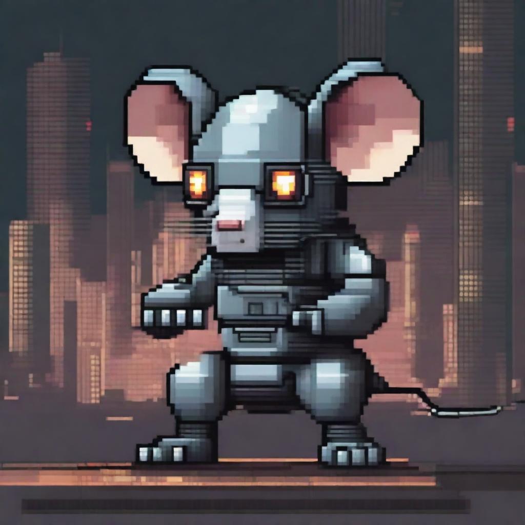 A detailed illustration of a cyborg rat with mechanical limbs and an 8-bit style eyepatch