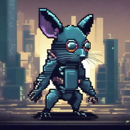 A detailed illustration of a cyborg rat with mechanical limbs and an 8-bit style eyepatch