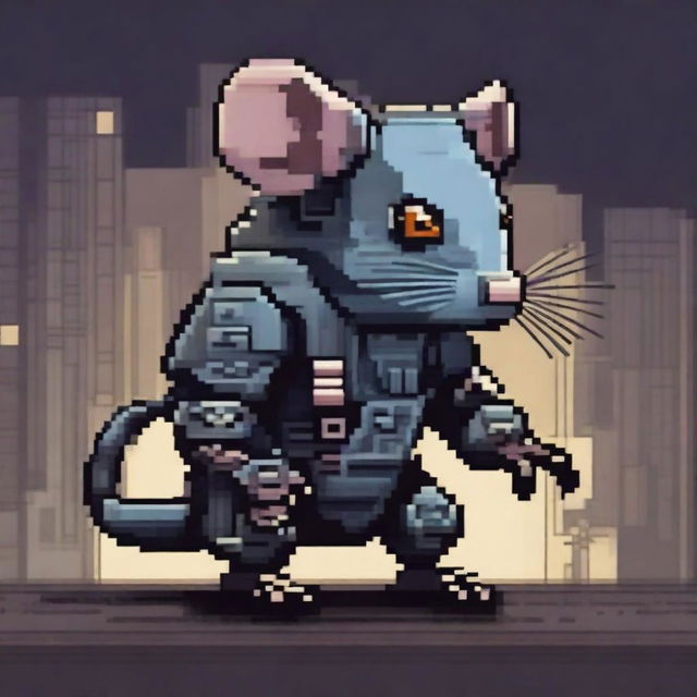 A detailed illustration of a cyborg rat with mechanical limbs and an 8-bit style eyepatch