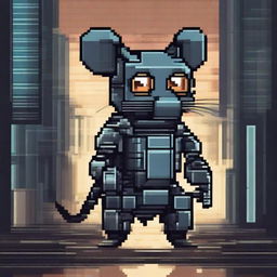 A detailed illustration of a cyborg rat with mechanical limbs and an 8-bit style eyepatch