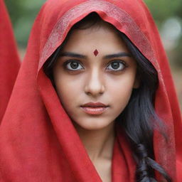 Generate an anime-styled image of a beautiful Indian girl, her eyes elegantly concealed with a swath of vibrant red cloth.