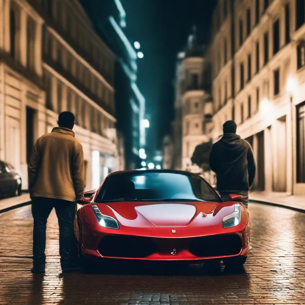 A imagem mostra dois homens saindo de uma Ferrari durante a noite