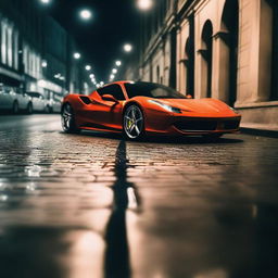 A imagem mostra dois homens saindo de uma Ferrari durante a noite