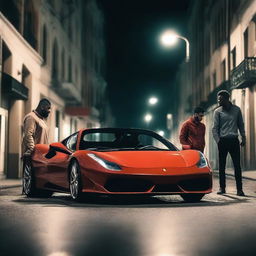 A imagem mostra dois homens saindo de uma Ferrari durante a noite