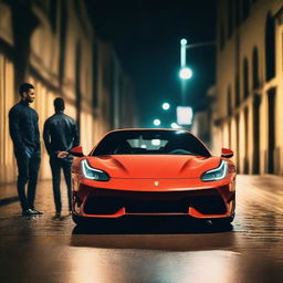 A imagem mostra dois homens saindo de uma Ferrari durante a noite