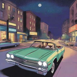 An album cover illustration featuring two guys in a convertible car at night