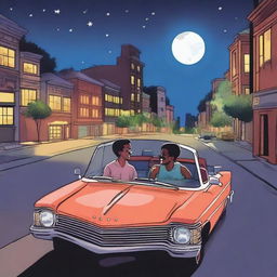 An album cover illustration featuring two guys in a convertible car at night