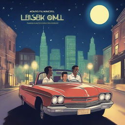 An album cover illustration featuring two guys in a convertible car at night