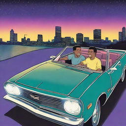 An album cover illustration featuring two guys in a convertible car at night