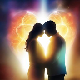 An artistic representation of a couple embracing each other, surrounded by an ethereal glow symbolizing spiritual energy