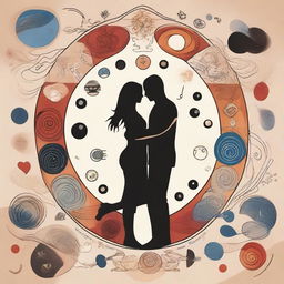 An artistic representation of a couple embracing, surrounded by symbols of yin and yang, spiritual energy, physical health, and professional success