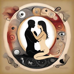 An artistic representation of a couple embracing, surrounded by symbols of yin and yang, spiritual energy, physical health, and professional success