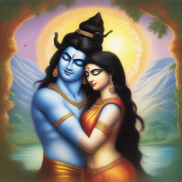 A serene depiction of Shiva and Shakti in a harmonious embrace, symbolizing balance and complementarity in romantic relationships