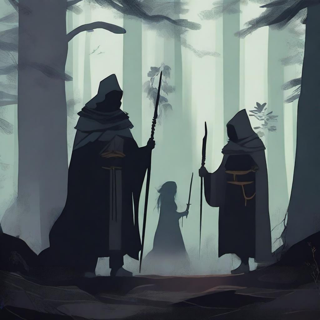 A warrior, a wizard, and a healer in a dark forest