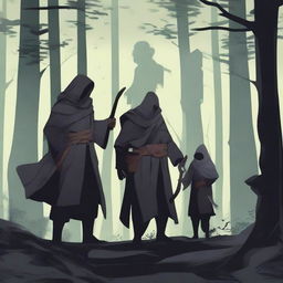 A warrior, a wizard, and a healer in a dark forest