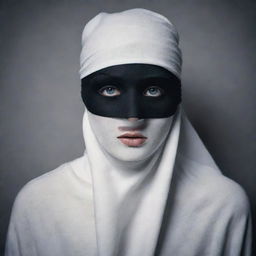 Create an image of a figure draped in mystery, their eyes neatly concealed by a blindfold.