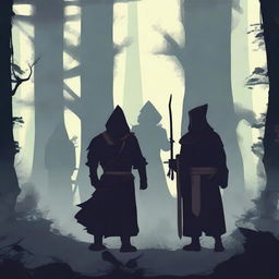 A warrior, a wizard, and a healer in a dark forest