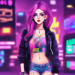 Create an image of an e-girl with trendy fashion, including dyed hair, makeup, and stylish accessories