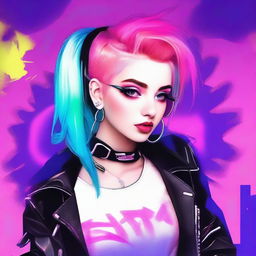 Create an image of an e-girl with trendy fashion, including dyed hair, makeup, and stylish accessories