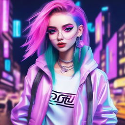 Create an image of an e-girl with trendy fashion, including dyed hair, makeup, and stylish accessories