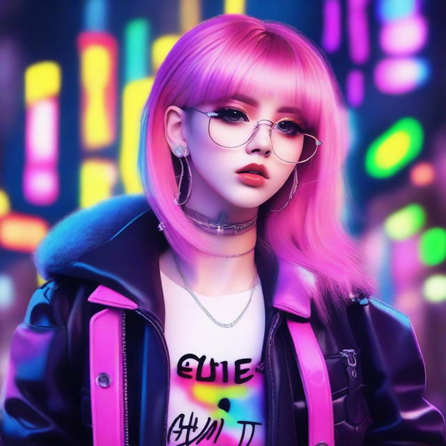 Create an image of an e-girl with trendy fashion, including dyed hair, makeup, and stylish accessories