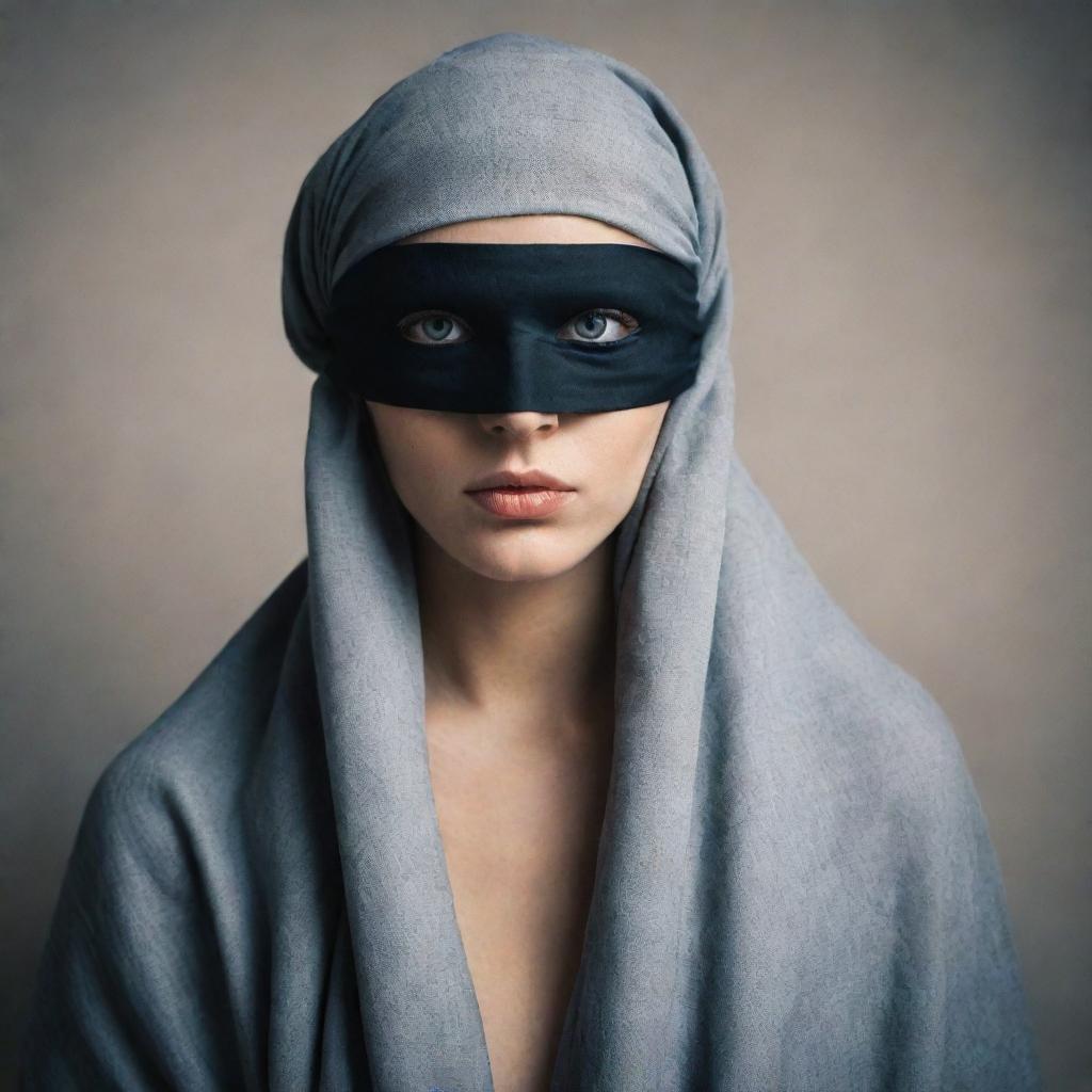 Create an image of a figure draped in mystery, their eyes neatly concealed by a blindfold.