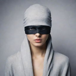 Create an image of a figure draped in mystery, their eyes neatly concealed by a blindfold.