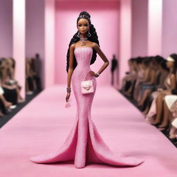 A brown-skinned Barbie doll as a fashion model is walking down a pink runway carpet