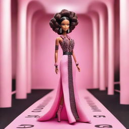 A brown-skinned Barbie doll as a fashion model is walking down a pink runway carpet