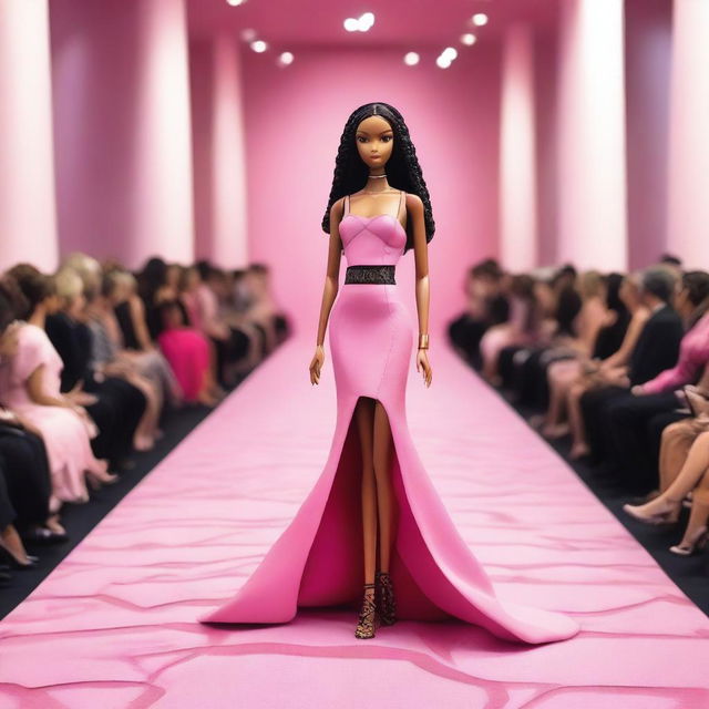 A brown-skinned Barbie doll as a fashion model is walking down a pink runway carpet