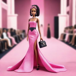 A brown-skinned Barbie doll as a fashion model is walking down a pink runway carpet