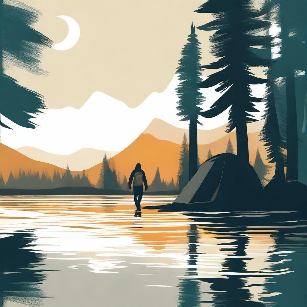 Create an illustration of a person walking in the water at a campsite