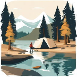 Create an illustration of a person walking in the water at a campsite