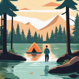 Create an illustration of a person walking in the water at a campsite