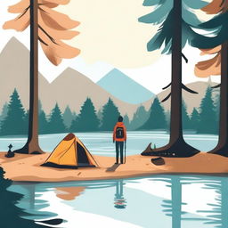 Create an illustration of a person walking in the water at a campsite