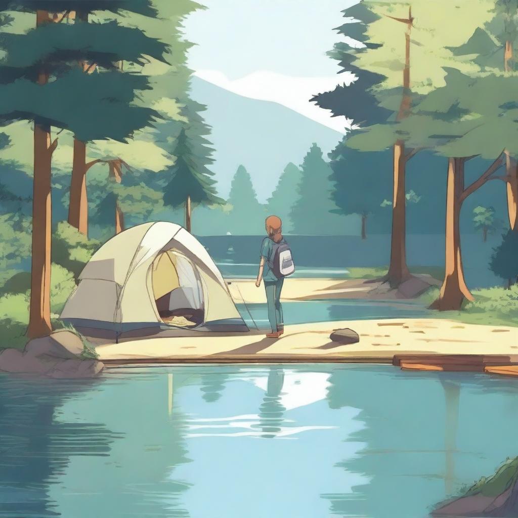 Create an anime-style illustration of a person walking in the water at a campsite