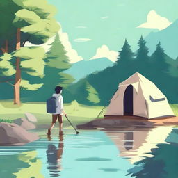 Create an anime-style illustration of a person walking in the water at a campsite