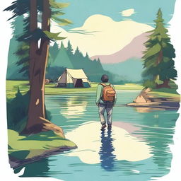 Create an anime-style illustration of a person walking in the water at a campsite