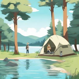 Create an anime-style illustration of a person walking in the water at a campsite