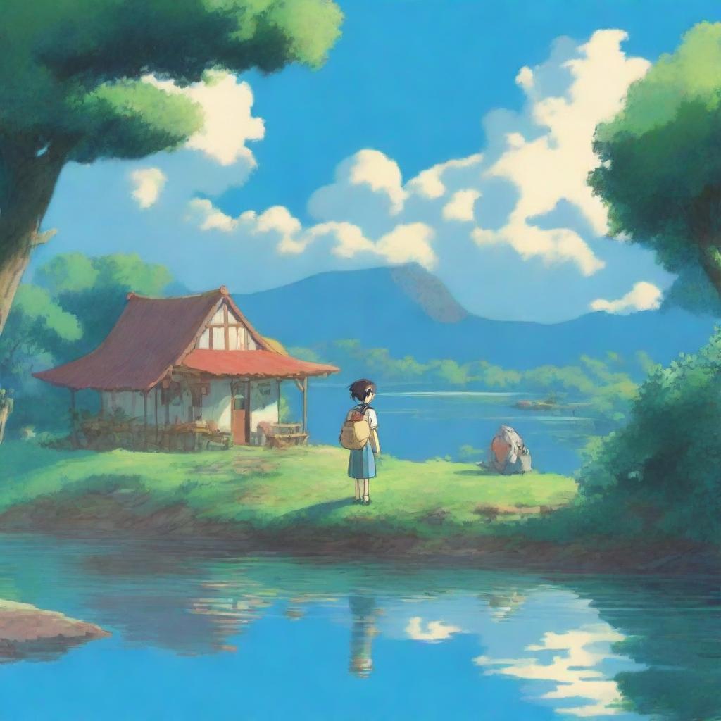 Genera una imagen estilo Studio Ghibli de una persona caminando sobre el agua en un campamento