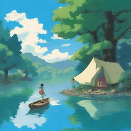 Genera una imagen estilo Studio Ghibli de una persona caminando sobre el agua en un campamento