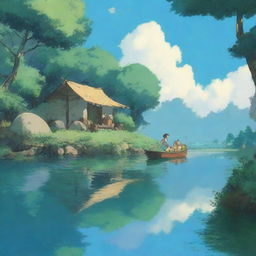 Genera una imagen estilo Studio Ghibli de una persona caminando sobre el agua en un campamento